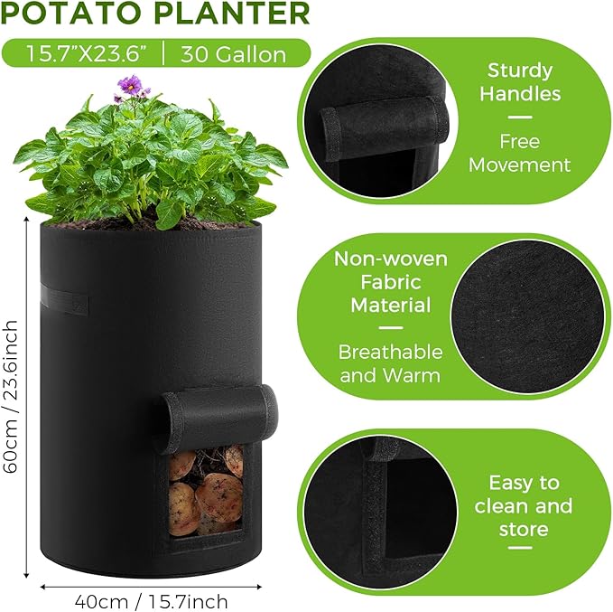 Yoojahow 2 Pack 30 Gallon Potato Grow Bags with Harvest Window, Durable Garden Planter Bags with Handles for Potatoes, Tomatoes, and Vegetables - Indoor & Outdoor Gardening Supplies (Black)
