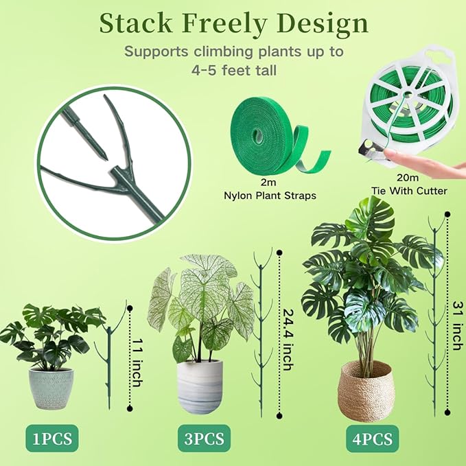 10Pack Stackable Plant Support, 2 in 1 Monstable Plant Stakes & Tomato Cage Kits for Indoor Outdoor Climibing Plants, Durable Alternative to Moss Pole Sticks Trellis for Houseplants Potted