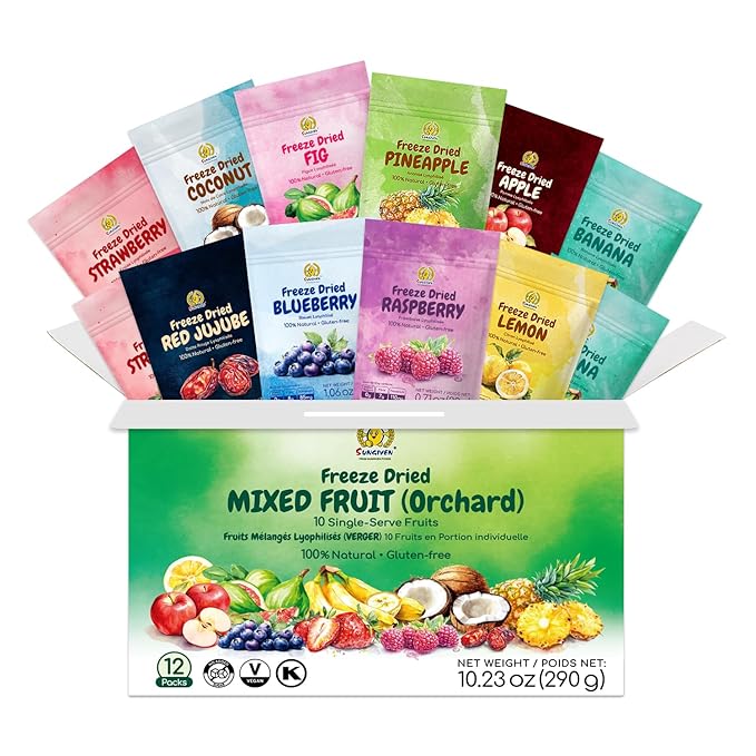 SUNGIVEN Mixed Freeze-Dried Fruit, Variety Pack of 12 Bag, Health Snack, Freeze Dried Apple Banana Strawberry Blueberry Raspberry Coconut Mango Pineapple, No Sugar Added, 10.2 oz