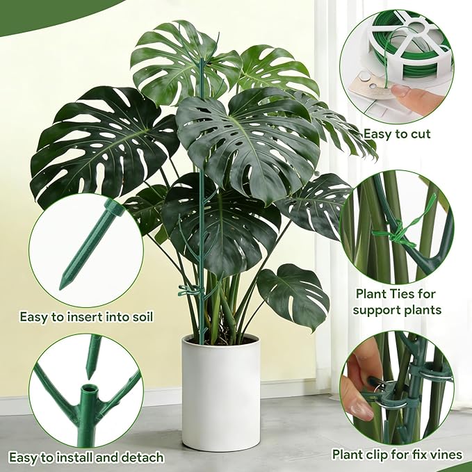 15 Packs Stackable Monstera Plant Support, 11 inch Plant Stakes with 131ft Garden Twist Tie & 10 Plant Clips for Indoor and Outdoor Plants Use Garden Trellis for Climbing and Potted Plants