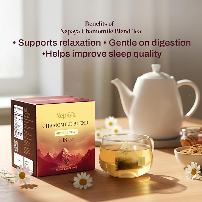 Nepaya Chamomile Herbal Tea – 15 Pyramid Tea Bags, Himalayan Chamomile Flowers & Lemongrass, Biodegradable, Naturally Caffeine-Free Bedtime Tea, Non-GMO, Gluten-Free