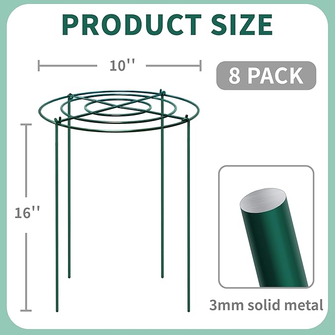 8 Sets Peony Support Cage,Heavy Duty Metal Plant Support Rings with 3.5mm Thickened Legs,10"Dia.x16"High Grow Through Hoops for Peonies and Tall Plants,Rust-Resistant Strong Support for Heavy Blossoms