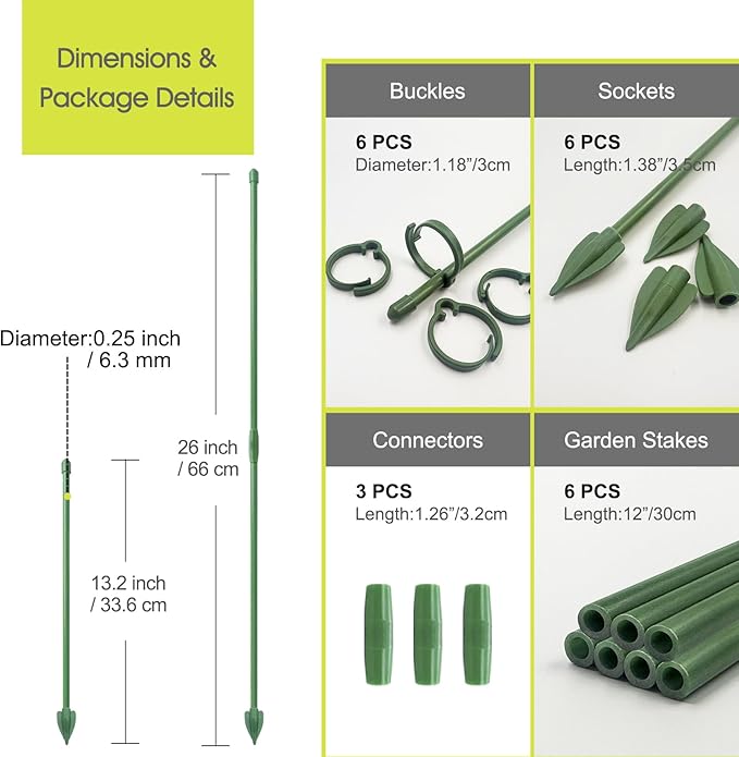RIFNY Plant Stakes for Indoor Plants, 12 Inch Plant Support Stakes with Clips, Tall Adjustable Plant Sticks for Indoor Monstera Tomato Orchid Potted Plants Flower (6 PCS, Green)