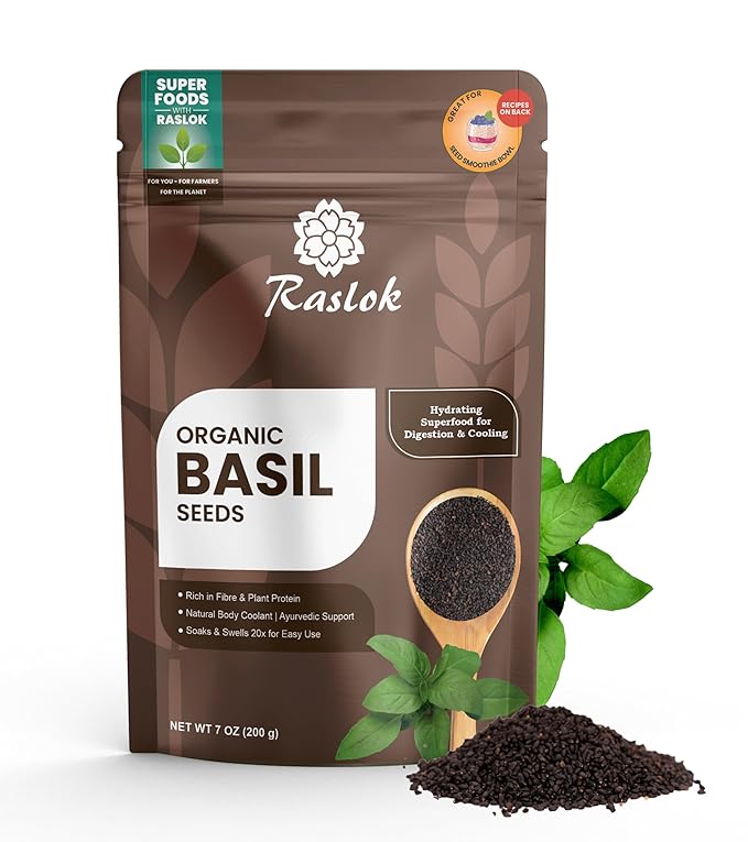 Raslok Basil Seeds (Sabja/Tukmaria) 7 oz | Natural Body Coolant & Fiber-Rich Superfood | Aids Digestion & Hydration | Non-GMO, Vegan, Gluten-Free | Resealable Pack