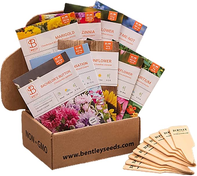 Seed Starter Kit – Flowers | Non-GMO | Heirloom Seed Packets | Natural Wood Row Markers