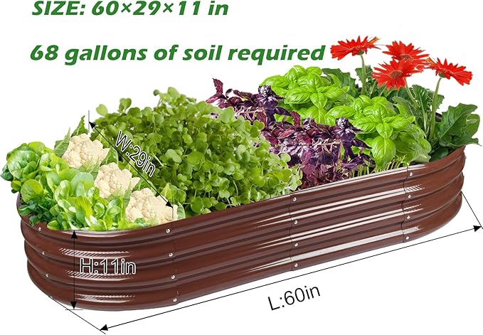 Raised Garden Bed GRS Certified Galvanized Planter Box Outdoor, 5ft Oval Rot-Resistant Metal Garden Bed Planter, Recycled Material Planter for Vegetables Flowers Herbs (Brown)
