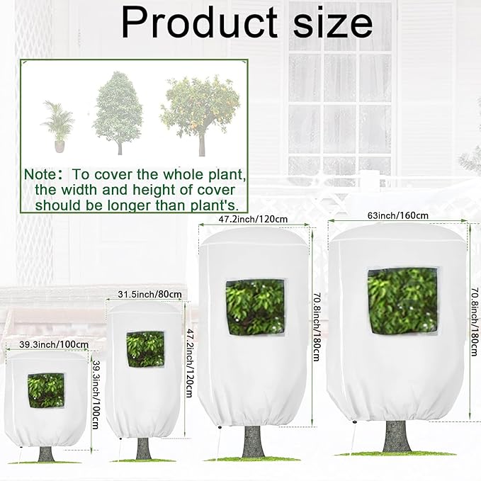 CMINGJ Plant Frost Protection Covers with Viewing Window, 63" x 70.8", 2.06oz/yd², Reusable Drawstring Tree Cover, Winter Tree Blanket with Zipper for Outdoor Plants, Frost Protection Cloths (2 Pack)
