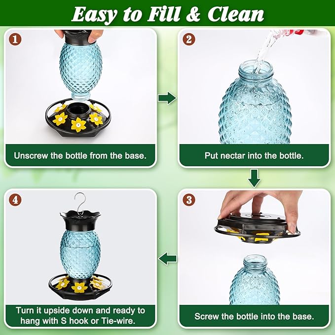 Fchstaer Glass Hummingbird Feeders for Outdoors Hanging Ant and Bee Proof 16OZ 2 Pack Blue Pineapple Humming Bird Feeder with 6 Feeding Ports and Ant Moat Hummingbird Gifts for Women Garden Decor