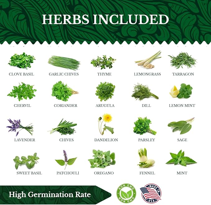 20 HERB Seeds Variety Pack - Complete Grow Kit Culinary Herbs Indoor Outdoors Herb Seeds, Basil, Oregano, Mint, Thyme & More Individually Seed Packets Starter Kit (Complete Starter Kit w/Seeds)