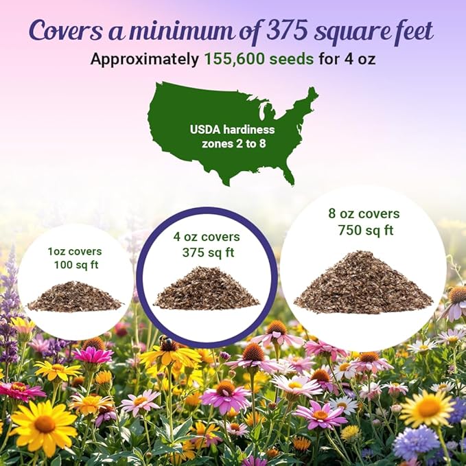Partial Shade Wildflower Seeds 4oz - Open-Pollinated Flower Seed Mix Packet, No Fillers, Annual, Perennial Wildflower Seeds Year Round Planting