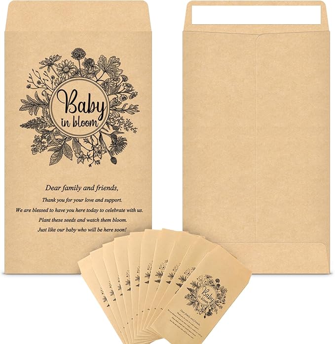 Fumete 50 Pcs Baby Shower Seed Packet Self Adhesive Kraft Envelopes Baby in Bloom Seed Storage Packets Mini Kraft Retro Paper Organizer for Gender Reveal Party, No Seeds(Black Flower)