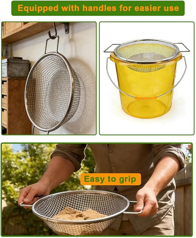 Dirt Soil Sifter for Gardening - 2Pcs Multi Mesh Size Set (1/8",1/4",) Heavy Duty Garden Sieve with Handles, Ideal for 5 Gallon Bucket Compost, Dirt, Sand, Gravel, Rocks & Sawdust Sifter