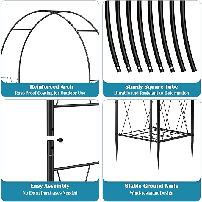 Metal Garden Arch Trellis for Climbing Plants Outdoor, 8.2FT Garden Arbors Archway Arched Trellis with Planter Boxes, Wedding Arches for Ceremony Arch Backdrop Stands for Party Decorations, Black