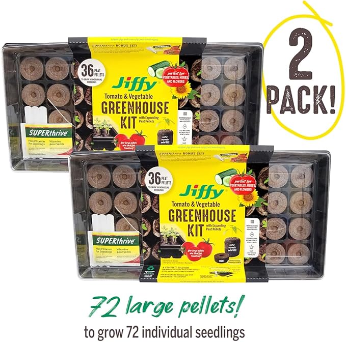 Ferry Morse Jiffy Tomato & Vegetable Seed Starter Tray Kit, 36 Cell 50mm Peat Pellets with Bonus SUPERthrive and Plant Labels - 2 Pack, 72 Pellets Total