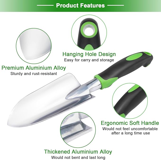 Garden Tools Set, 3 Pack Heavy Duty Gardening Tools Set Include Garden Shovel, Transplant Trowel and Hand Rake with Ergonomic Non-Slip Handle, Aluminum Alloy Lawn and Garden Hand Tools for Planting