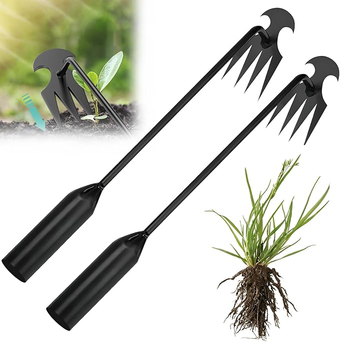 Weed Puller Tool Garden Weed Pulling Tool– 15.7” Portable Garden Weeder, 4 Teeth Manganese Steel Forged Hand Tool for Uprooting Weeds, Ideal for Gardening (2PCS)
