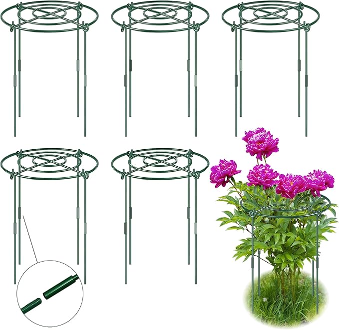 6 Pack Peony Cages and Supports, 11.8" Plant Support Ring with Detachable Extension Rod, Extends to 23.6" H, Heavy Flower Brace Ring Grow Through Plant Support Stakes for Tomato Hydrangea