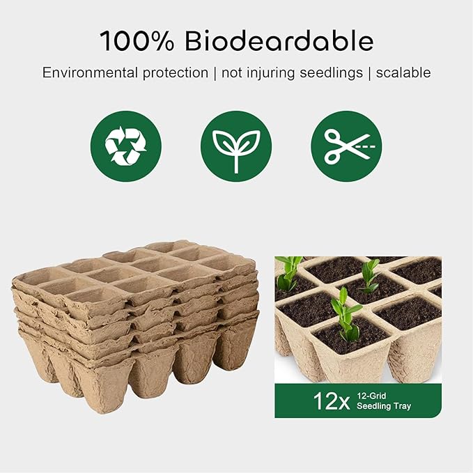 GROWNEER 144 Cells Peat Pots Seed Starter Trays, 12 Packs Biodegradable Seedling Pots Germination Trays, Organic Plant Starter Kit with 15 Pcs Plant Labels