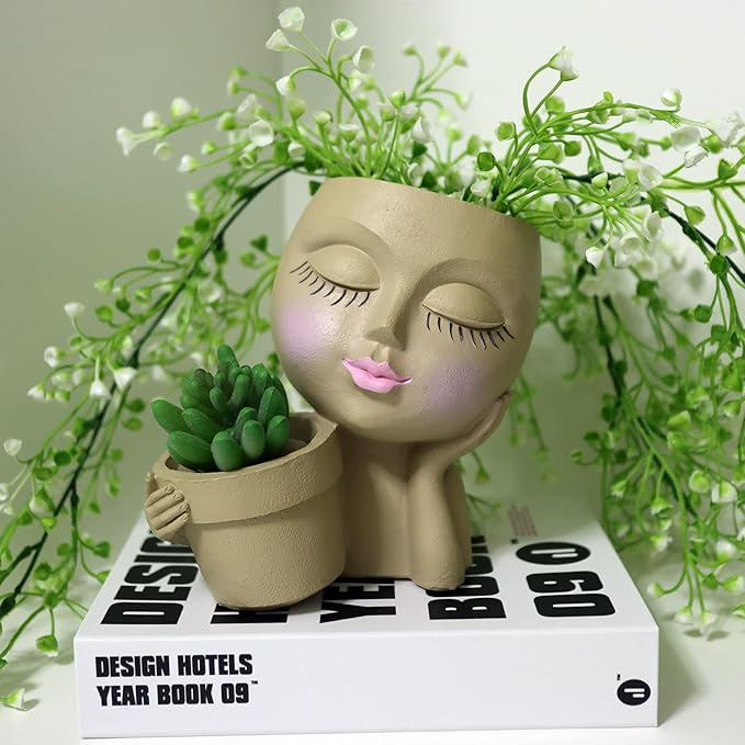 Face Planters Pots Head Planter, Unique Plant Pots for Indoor Outdoor Plants, Novelty Cute Large Girl Head Flower Pots with Drainage Hole for Home Garden Succulents Cactus