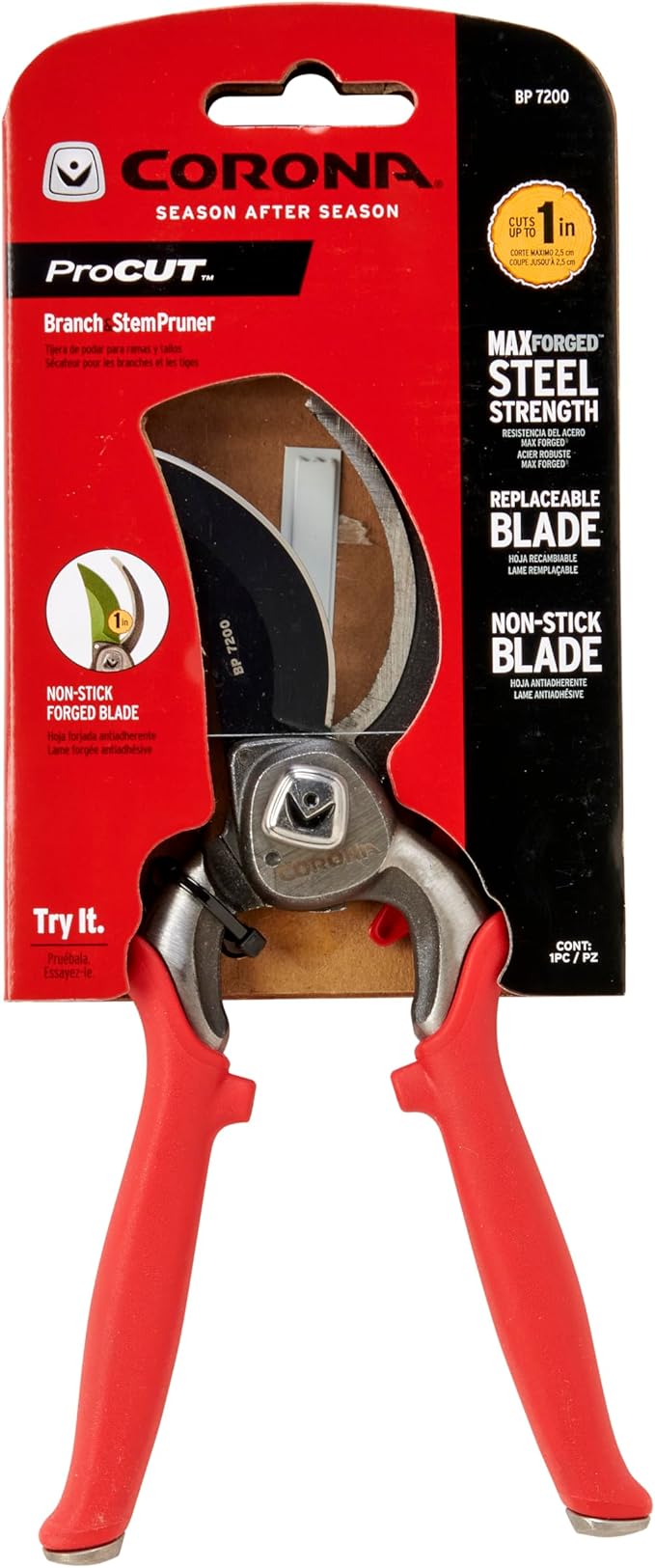 Corona BP 7200 Forged Pro Cut Bypass Hand Pruner, 1-Inch, Red