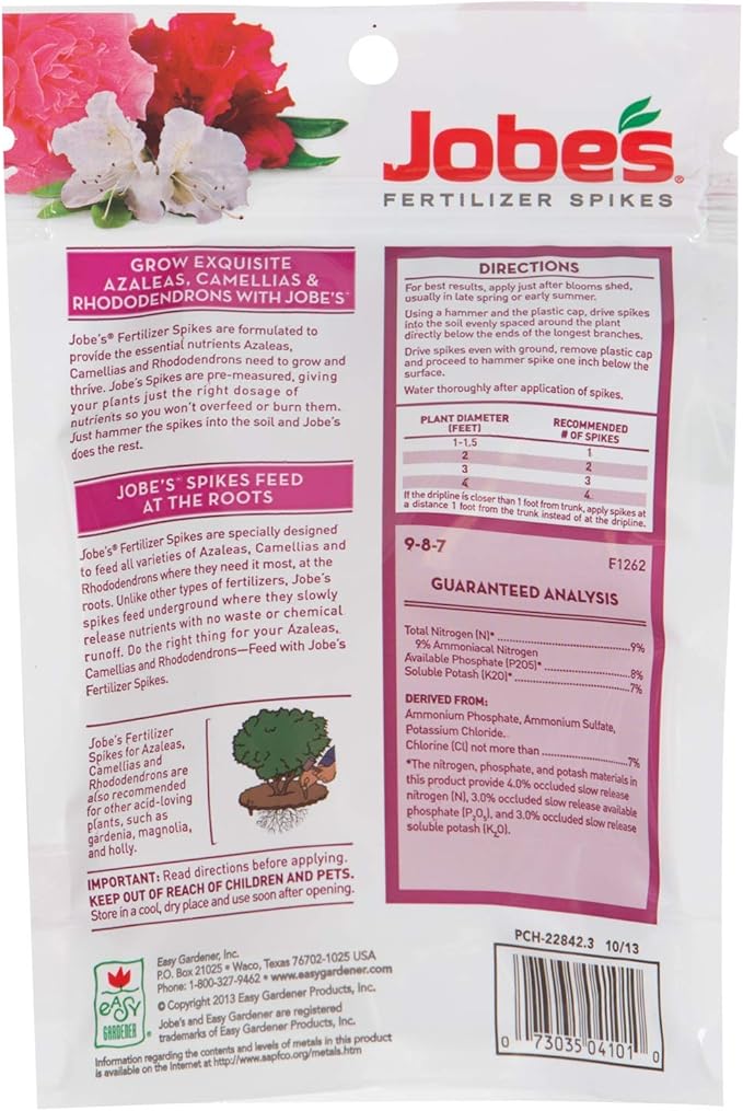 Jobe's 100046761 Azalea, Camellia & Rhododendron Fertilizer Spikes 9-8-7, 3 Pack (10 Spikes per Pack)