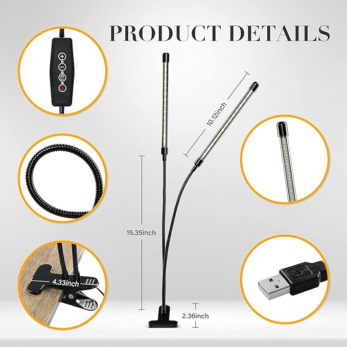 iPower LED Grow Light with Full Spectrum for Indoor Plants, Adjustable Gooseneck, 2/3 Light Modes&5/10 Dimmable Levels, 3 Auto Timing Modes, 2 Tubes, Yellow
