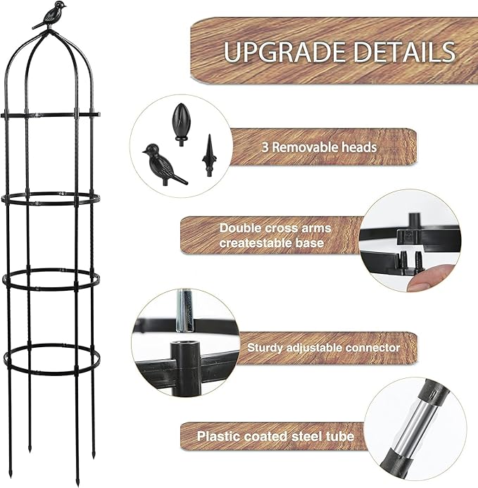 1 Pack Garden Obelisk Trellis for Climbing Plants Outdoor, 6FT Adjustable Metal Plant Support with 3 Decorative Tops, Black Rustproof Trellis for Roses, Tomatoes, Clematis & Vines