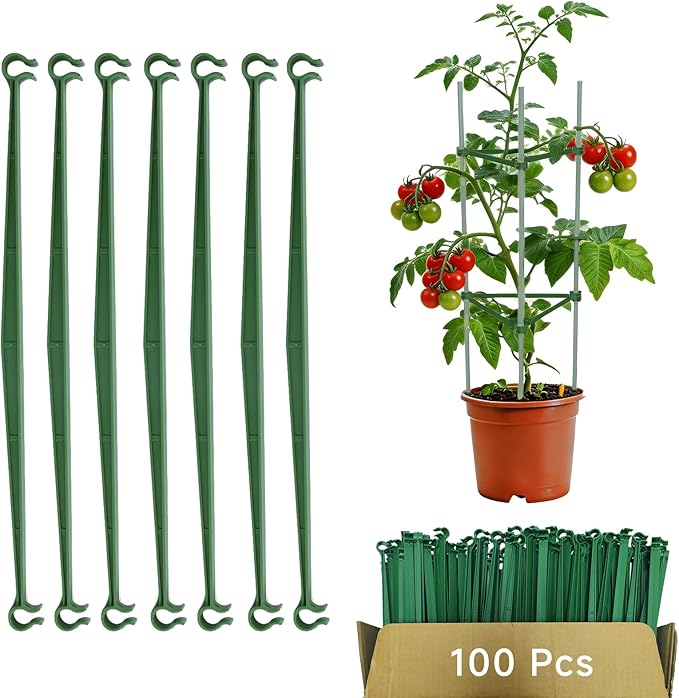 100pcs Garden Stakes Arms for Tomato Cage, Plant Trellis Connectors, Attach 0.43 Inch Dia Tomato Stakes and Plant Stick Supports, 11.8in Plastic Connecting Rod (11mm, No Stake)