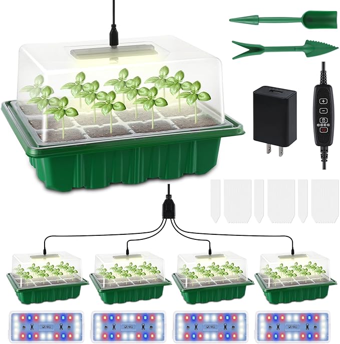 RODINTO 4 Packs Medium Seed Starter Tray, Adjustable Brightness and Timer, Upgraded 24 Full Spectrum LEDs, Seed Starter Kit with Drainage Holes, Tools and Labels for Indoor Plant Growing