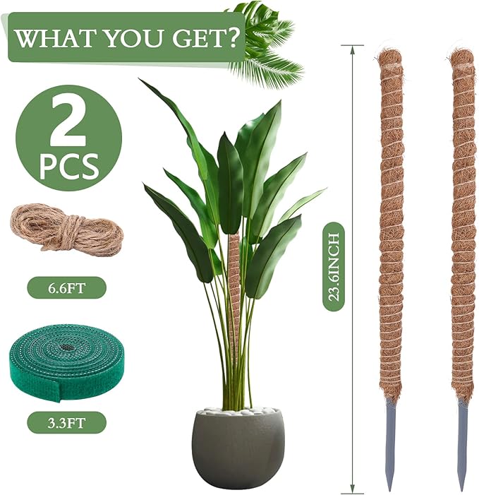 2 Pack Moss Pole for Plants Monstera - 25 Inch Plant Stakes for Indoor, Moss Poles for Climbing Plants, Handmade Coco Coir Pole Plant Support for Creeper Plants Grow Upwards（Handmade Palm）