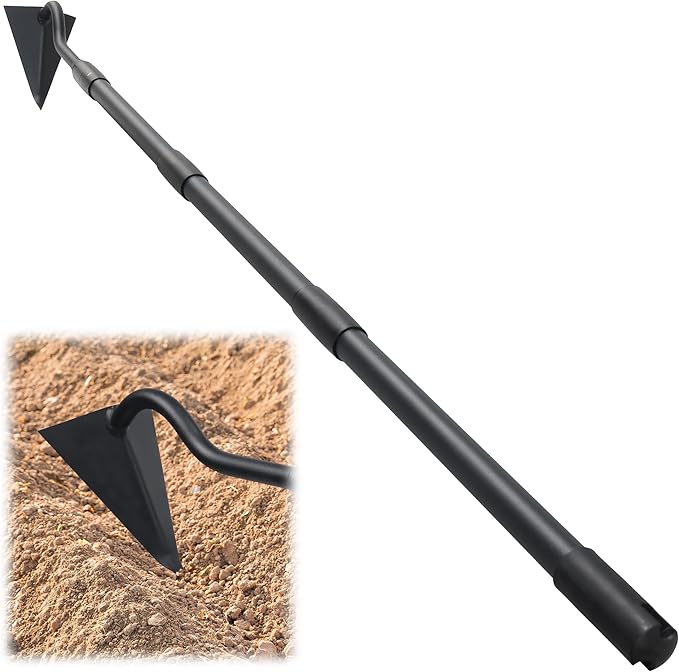 Hoe Garden Tool, Triangle Garden Hoe for Digging Cutting Trenches Loosen Soil Heavy Duty Hand Weed Hoe Long Handle 59 Inch