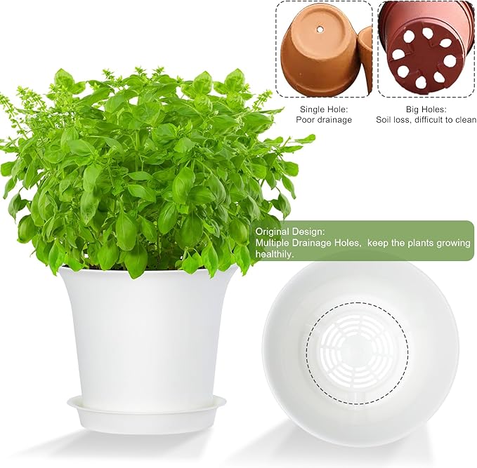Planter Pots 8 Packs, 7.2 Inches Flower Pots with Drainage Holes & Trays, Ideal for Succulents, Herbs, Flower, African Violet, Garden Plant Pots for Home Garden Kitchen Decor (White-3)