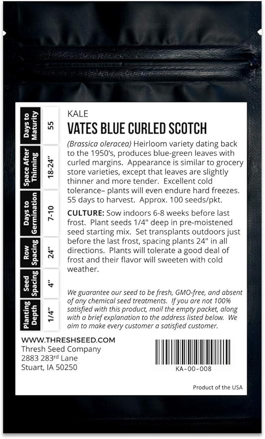 Vates Blue Curled Scotch Kale - 100 Seeds - Heirloom & Open-Pollinated Variety, non-GMO Vegetable, Leafy Greens Seeds for Planting Indoors/Outdoors in Containers/Aerogarden/Garden, Thresh Seed Company