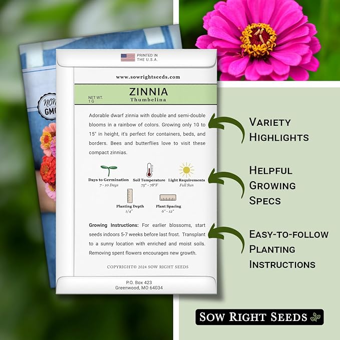 Sow Right Seeds - Thumbelina Zinnia Seeds for Planting - Beautiful to Plant in Your Flower Garden - Non-GMO Heirloom Packet with Instructions - Annual Cut and Come Again for Bouquets (2)