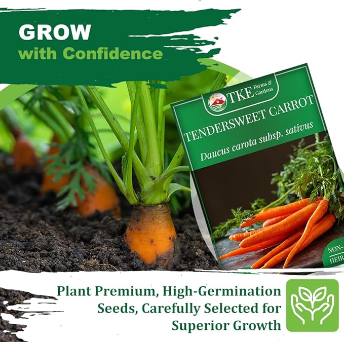 TKE Farms & Gardens - Tendersweet Carrot Seeds, 2500+ Non-GMO Heirloom Seeds, Grow Sweet, Crisp Carrots, Easy to Grow for Fresh Garden-to-Table Goodness, Includes Growing Instructions