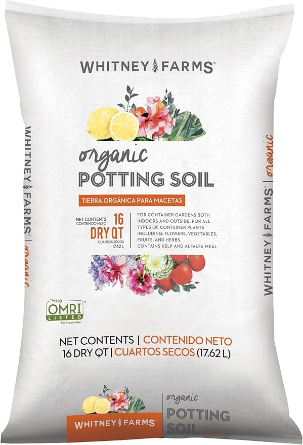 Whitney Farms Organic Potting Soil - Natural Indoor and Outdoor Container Mix for Vegetables, Herbs and Flowers, Feeds Plants up to 2 Months - 16 qt.