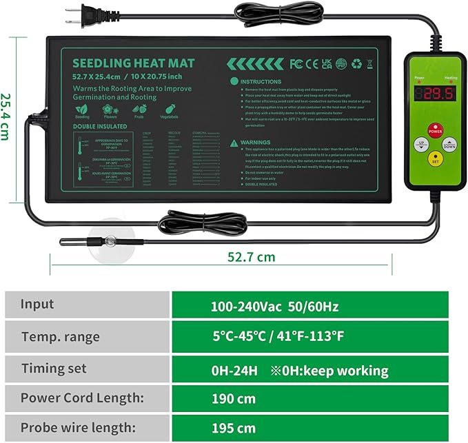 AUPETEK Seedling Heat Mat with Thermostat Controller and 5 Pack Seed Starter Tray Combo Set for Seed Germination Plant Propagation MET Standard
