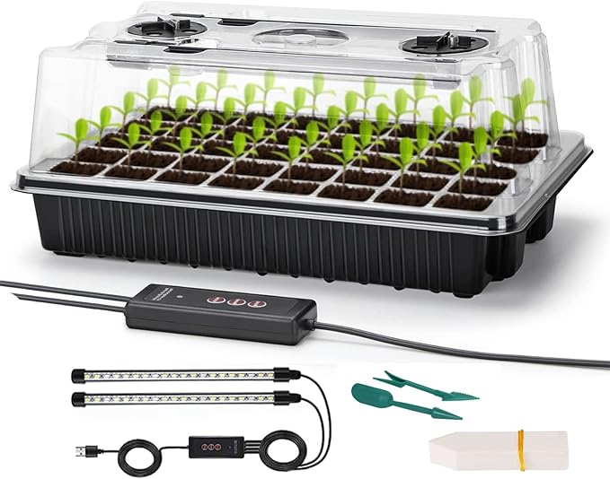 Seed Starter Tray Kit with Grow Lights, 1 Pack 40 Cells Seed Trays with Humidity Dome, Mini Greenhouse for Seeds Growing Starting Sprouting Germination