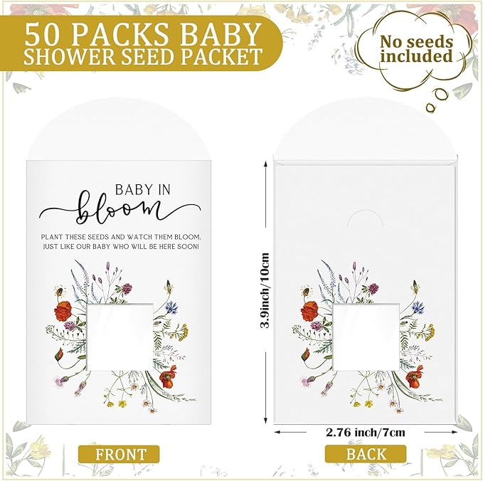 Fumete 50 Pack Baby in Bloom Seed Packets Baby Shower Party Favor for Guest Envelopes Kraft with Clear Window Resealable Seed Organizer Storage Bag for Gender Reveal Party, No Seeds(Watercolor Floral)