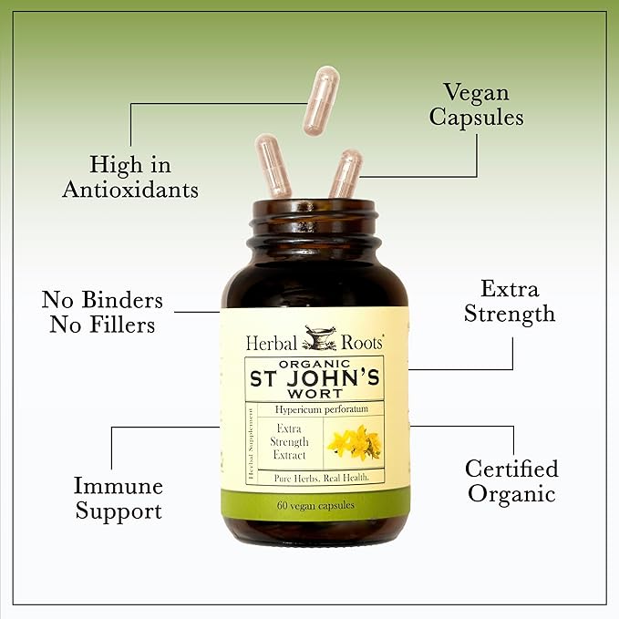 Herbal Roots Organic St Johns Wort Capsules | 450 mg per Serving | No Binders or Fillers Non GMO | 60 Vegan Capsules