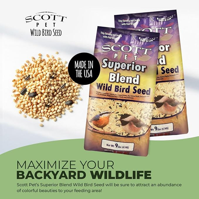 Scott Pet Wild Bird Seed, Superior Blend, 9 lbs Bag, No Corn, Feed, Great for All Feeder Types, Food for Outside Wild Birds