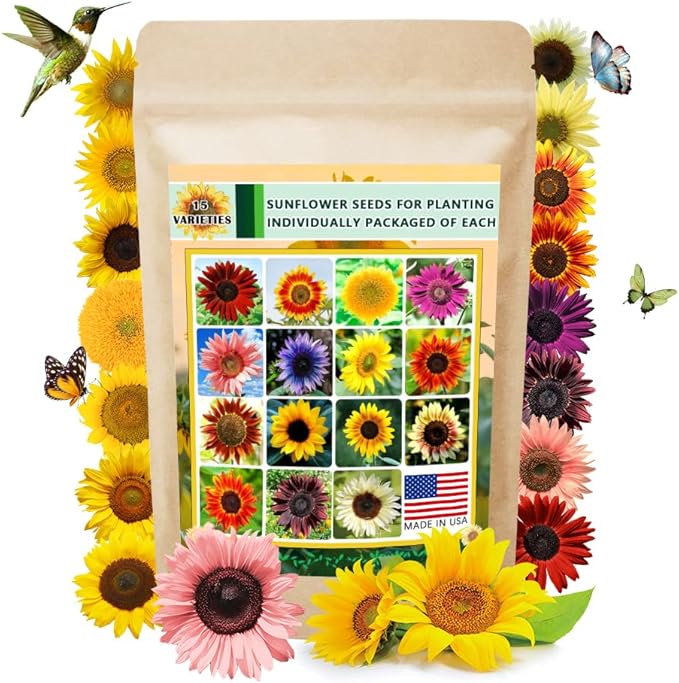 1000+ Sunflower Seeds for Planting Heirloom Non-GMO, Bulk Package of 15 Varieties Mix Seeds, Individually Packaged, Attracts Pollinators (Helianthus annuus)