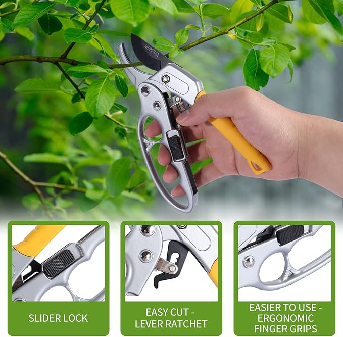 MEPEREZ Ultra Sharp Germany Steel Pruning Shears - Cuts 3X Easier, Ergonomic Design - Weak Hand Arthritis Snips, Effortlessly 1-Inch Cut Capacity Heavy Duty Garden Scissors, Sharp Garden Clippers