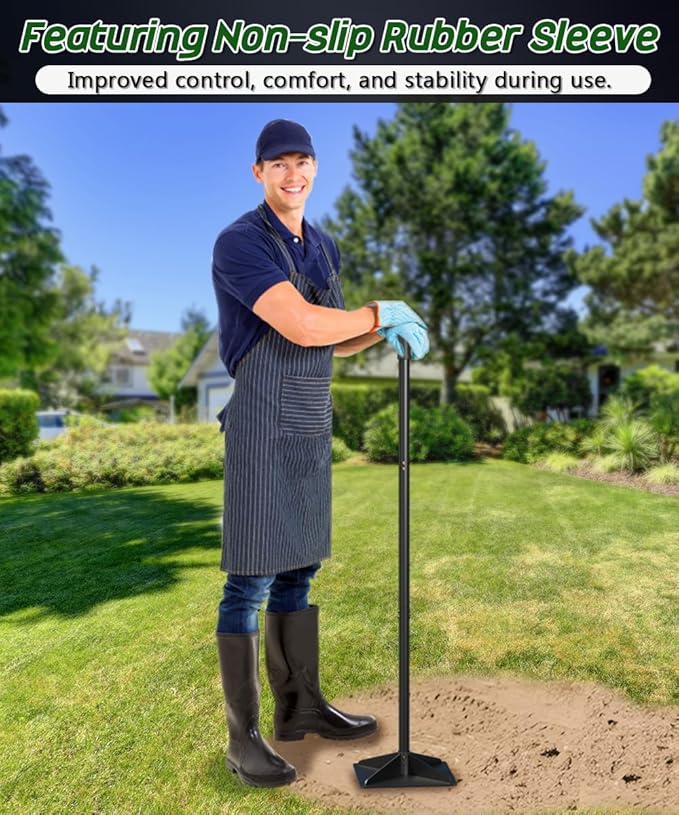 Thickened Garden Steel Tamper with 47 inch Adjustable Handle & Rubber Grip, 8"x8" Heavy Duty Soil Tamper Tool for Ground & Gravel Leveling, Steel Dirt Compactor for Yard, Sand, Driveway