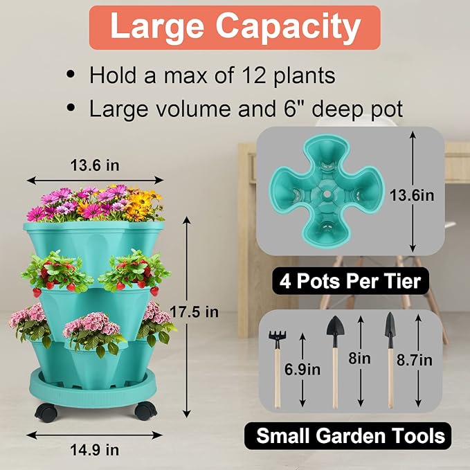 DUNCHATY Stackable Planter, Vertical Garden Planter with Wheels and Tools, Self Watering Strawberry Planter Indoor/Outdoor 3 Tier Herb Planter Pots for Growing Vegetables and Succulents, Teal