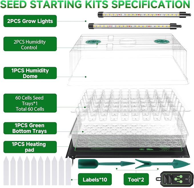 Large Seed Starter Tray with Grow Light and Thermostat Controller Heat Mat, 10"x 20.75" Heat Mats for Plant Growing，68-113°F Adjustable，Color Change Grow Lights，Germination Trays Kits