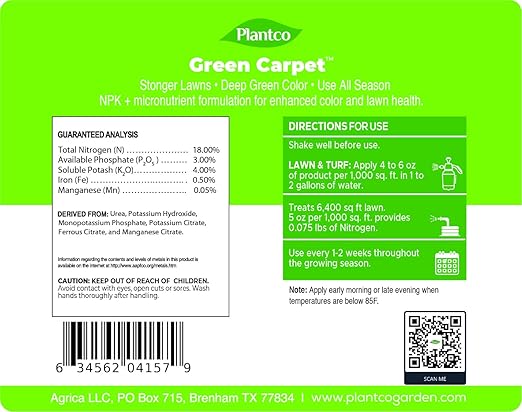 Green Carpet Lawn Liquid Fertilizer with Balanced NPK 18-3-4 with micronutrients | Lawn Food Quality Liquid Fertilizer - Spring & Summer Concentrated Spray - Any Grass Type (32 oz Bottle)