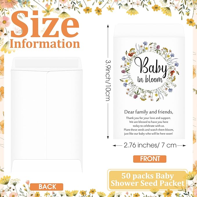 Fumete 50 Pcs Baby Shower Seed Packet Self Adhesive Kraft Envelopes Baby in Bloom Seed Storage Packets Mini Kraft Retro Paper Organizer for Gender Reveal Party, No Seeds(Wildflower)