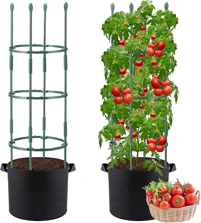 2 Sets Tomato Cages with 10-Gallon Sturdy Grow Bags, 48.5" Planter Support Trellis Pots Kit for Garden, Flowers Vegetable Cages for Cucumbers Eggplants Vertical Climbing Plants Vines