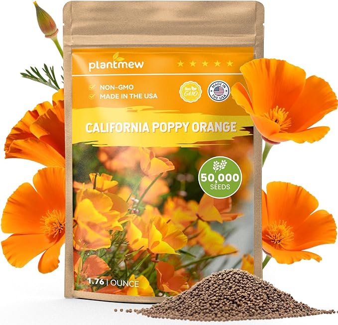 Orange California Poppy Seeds for Planting - Bulk 1.76 Ounce Packet - Over 50,000 Native Seeds - California State Flower